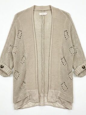 Cream Open Front Cardigan Women Large Beige Excellent Pointelle Layered Hem Boho